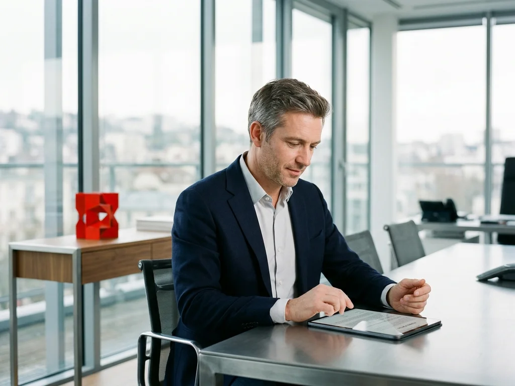 Juriste en blazer marine consultant des documents officiels dans un bureau moderne de Suresnes.