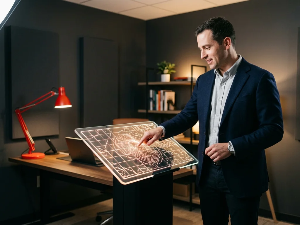 Expert consultant devant une carte interactive de Suresnes pour localiser notre agence digitale de proximité.
