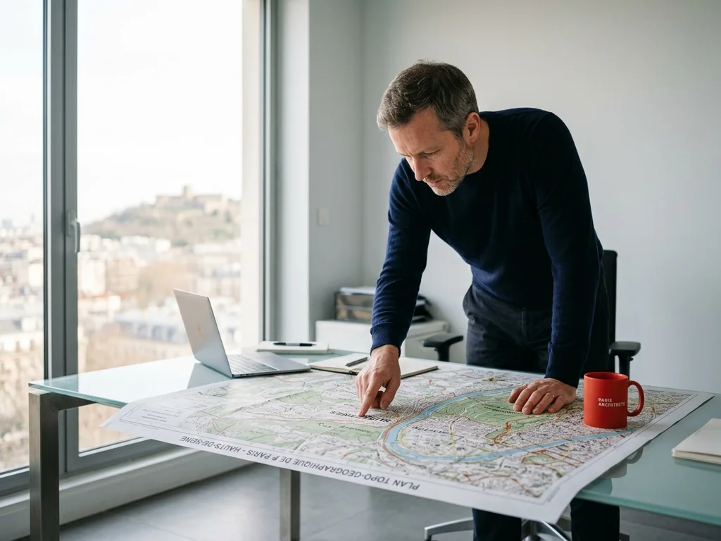 Consultant SEO à Suresnes analysant une carte locale pour élaborer votre stratégie digitale personnalisée.