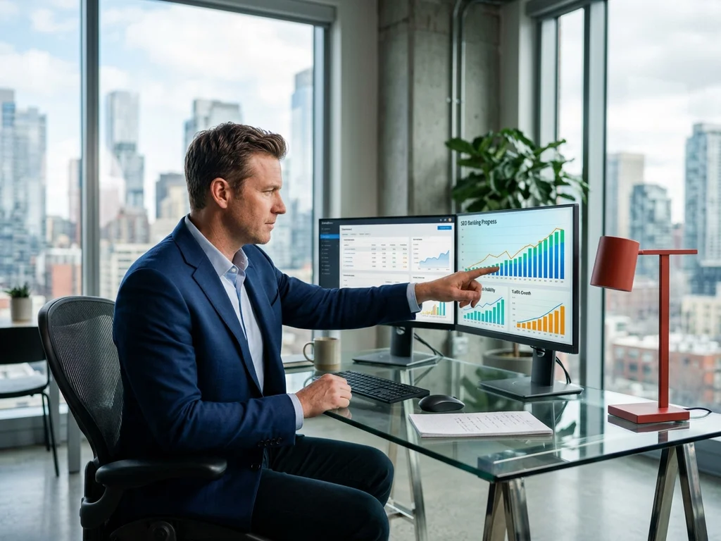 Expert analysant un tableau de bord de performance SEO locale pour booster la visibilité d'entreprises.